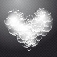 Realistic soap foam with bubbles shaped as heart. Valentine day symbol. Romantic glossy soapy heart. Transparent background.
