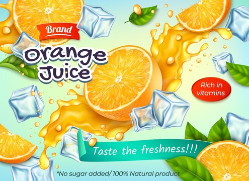 Realistic Detailed 3d Orange Juice with Splash Freshness Drink Ads Banner Concept Poster Card. Vector illustration