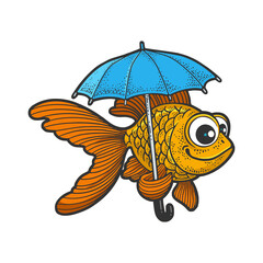 Cartoon golden fish with umbrella color sketch engraving vector illustration. T-shirt apparel print design. Scratch board imitation. Black and white hand drawn image.