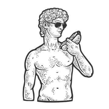 statue of david with hot dog sketch engraving vector illustration. T-shirt apparel print design. Scratch board imitation. Black and white hand drawn image.