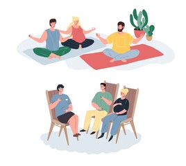 Vector flat cartoon characters,pregnant women do exercises in meditation class-preparing to childbirth courses for future mothers.Web online design-family life scene,healthy lifestyle,social concept