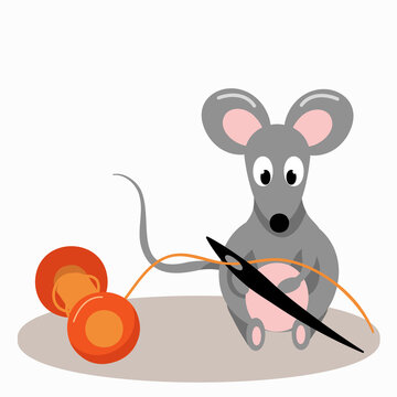 gray mouse with a needle and a spool of yellow thread