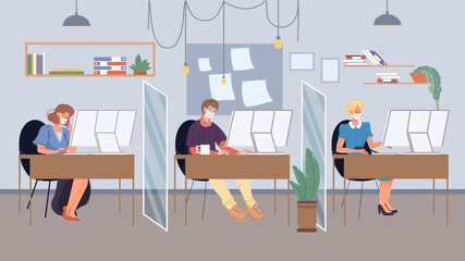 Vector flat cartoon employee characters in face masks busy with workflow in office workspace during coronavirus pandemic quarantine-covid prevention and protection,social distancing medical concept
