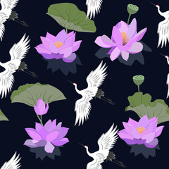 Seamless vector illustration with Japanese cranes and lotuses on a black background.