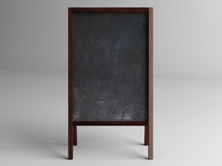 Pavement sign, empty chalk board in a wooden frame on a light background. Place for your text or message. 3d rendering