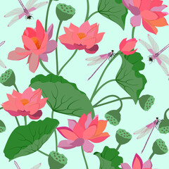 Seamless vector illustration with delicate lotus flowers and dragonflies.