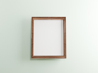 Mock up wooden photo frame with  on white wall background , 3d rendering.