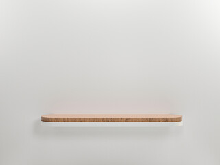 Wooden blank shelf on white wall background and copy space for display product presentation and advertisement. 3d render