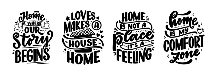 Set with hand drawn lettering quotes in modern calligraphy style about Home. Slogans for print and poster design. Vector