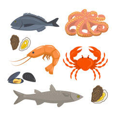 Vector outline illustration of seafood: fish, mussels, squid,  octopus, crab, shrimp, oysters.