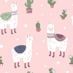 Childrens bright seamless pattern in cartoon style. Cute llamas in colorful ethnic blankets, cacti, stars, pink background. Trendy pastel colors. For nursery, wallpaper, printing on fabric, wrapping.