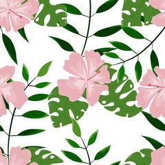 Seamless pattern with tropical plants on a white background. Hibiscus flower and monstera leaves for printing. 