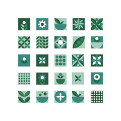 Flat icons square micro green set for decoration design. Isolated vector illustration. Organic natural shape. Abstract icon graphic.