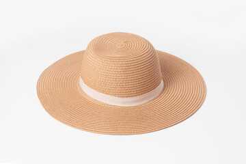 Vintage Panama hat, Womens summer yellow straw hat with the white ribbon on white background.