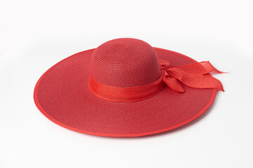 Vintage Panama hat, Woman hat on white background, Women's beach hat, red hat.
