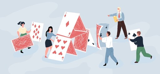 Vector flat cartoon characters teamwork metaphor.Successful team of startup business employees building huge house of cards-goal achievment symbol of team victory success,web online design concept