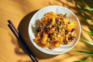 Chicken in sweet and sour sauce, with Sichuan pepper, peanuts in a white bowl. Wood background. Chinese cuisine