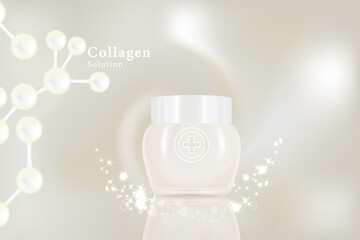 Beauty product ad design, a white cosmetic container with collagen solution advertising background ready to use, luxury skincare banner, illustration vector.