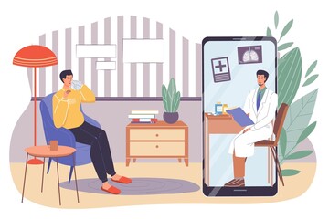Vector flat cartoon patient,doctor characters.Physician examines medical card of sick man with viral infection from mobile screen app-coronavirus treatment,web online therapy,telemedicine concept