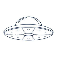 Line Art UFO Illustration. Flying saucer outline icon. Spacecraft sketch template for logo, emblem, Web design, Print, Sticker, Card
