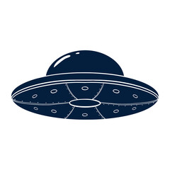 Flying Saucer Silhouette. Hand drawn UFO icon. Black and white spacecraft template for logo, emblem, Web design, Print, Sticker, Card