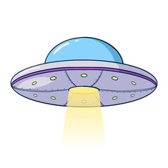 Cartoon UFO Illustration. Hand drawn Flying saucer template for logo, emblem, Web design, nursery decor, Print, Sticker, Card