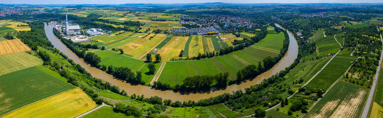 Aerial view around the city Neckarweihingen in Germany. On sunny day in spring