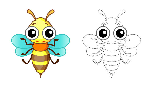 Coloring Insect for children coloring book. Funny bee in a cartoon style. Trace the dots and color the picture