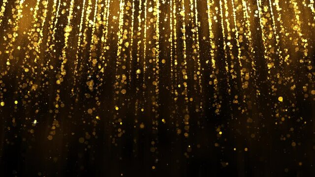 Background with falling gold glitter particles. Rain of golden confetti with magic light, glamour. Beautiful animated christmas background. Seamless loop