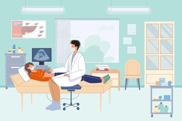 Vector flat cartoon patient,doctor characters.Physician character examines woman using ultrasound,both in face masks-medical treatment therapy during pandemic,web online banner ad concept