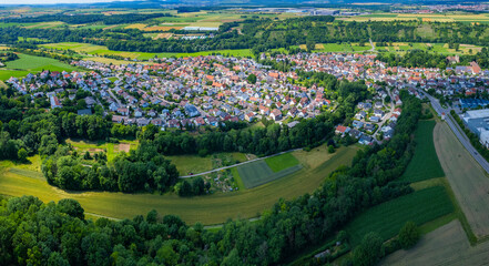 Aerial view around the city Unterriexingen in Germany. On sunny day in spring