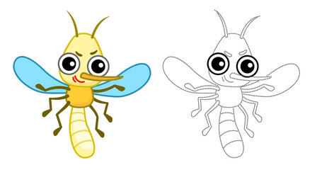 Coloring Insect for children coloring book. Funny mosquito in a cartoon style. Trace the dots and color the picture