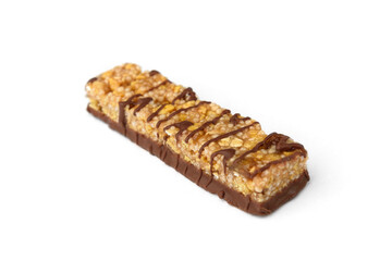 Granola bar with chocolate isolated on white background.
