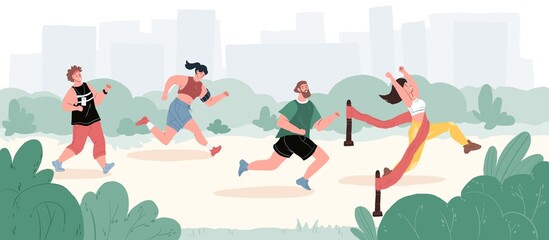 Vector flat cartoon characters run-young athletes participate in running competitions in city park,sprinting before finish line.Web online design-sporty life scene,healthy lifestyle,social concept