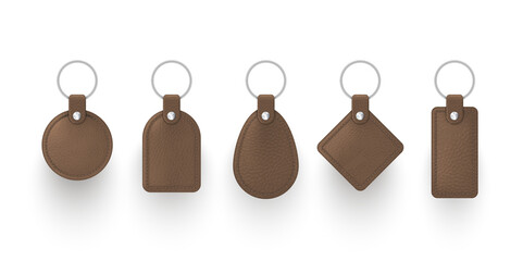 Collection realistic key chains brown leather vector illustration keychains with rings