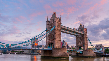 London skyline with Tower Bridge at twilight August 2021