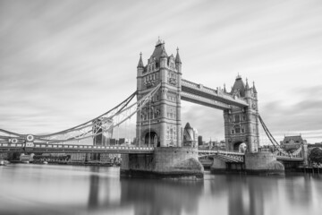 London skyline with Tower Bridge at twilight in black and white