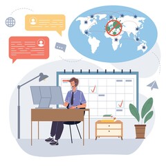 Vector flat cartoon employee character busy with online remote work using messenger app during coronavirus pandemic quarantine-covid prevention and protection,social distancing medical concept