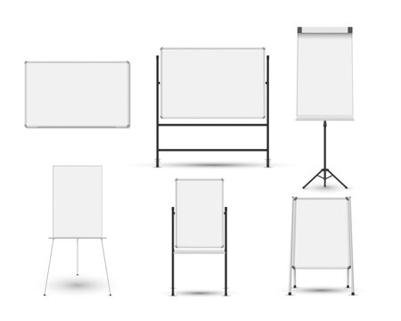 Collection realistic whiteboard vector illustration. Equipment for seminar, presentation, training