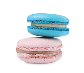 Different delicious colorful macarons on white background