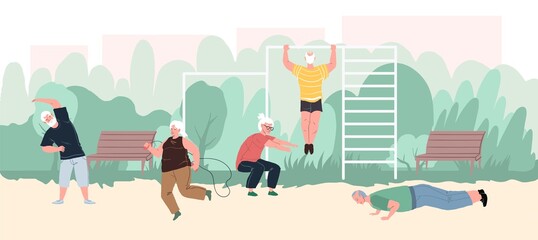 Vector flat cartoon characters,elderly athletes,enjoy sport activities at park.Aged people working out on outdoor sports ground.Healthy sporty lifestyle,life scene,social story concept design