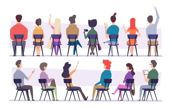 Study people. College students sitting on chair people back view listening project presentation exact vector flat illustrations
