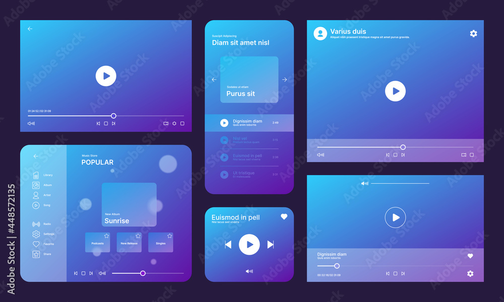 Poster audio player ui. video media ux interface template app icons garish vector web design illustrations 
