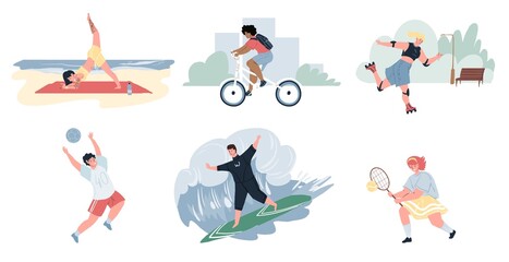 Set of flat cartoon characters doing sport activities outdoor at summer-yoga,bicycle riding,roller skating,surfing,badminton,voleyball.Sporty lifestyle social concept,various poses and emotions