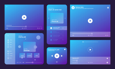 Audio player ui. Video media ux interface template app icons garish vector web design illustrations collection set - obrazy, fototapety, plakaty