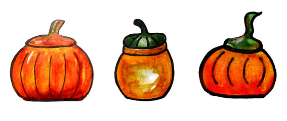 Halloween background.  Watercolor doodle Illustration. Three handmade orange pots in the shape of a pumpkin. Ceramic storage containers in the shape of a pumpkin.