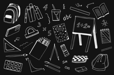 A set of hand-drawn vector school icons. Back to school, education, study