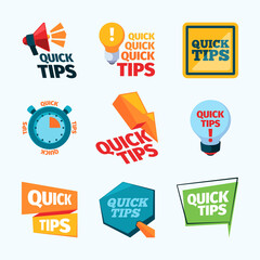 Quick tips. Creative promotional stickers label reinders with place for text think education messages garish vector ads quick tips collection