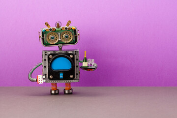 Robot waiter holds tray with order sparkling wine bottle and glasses. Empty blue screen body....