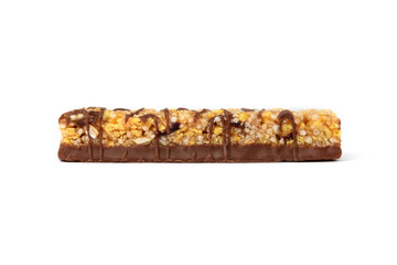 Granola bar with chocolate isolated on white background.